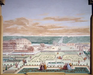 Perspective drawing of a villa and imaginary garden, fresco by Andrea Urbani at Villa Pisani, Stra, Veneto, Italy