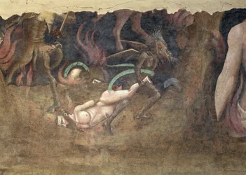 The Triumph of Death, detail of a devil carrying away a sinner into hell, 1348