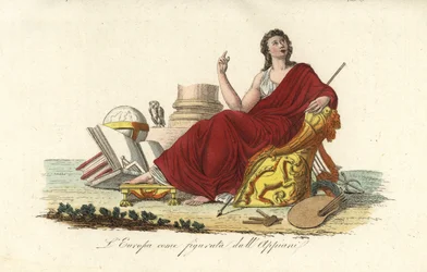 Allegorical Figure of Europe Seated on a Throne in a Purple Robe with Books, Globe, Palette, Sceptre, Lyre and Owl