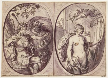 Two Oval Compositions on One Sheet. To the Left Sits a Shepherdess (Diana?) with a Staff and a Dog by Her Side. She Holds an Apple, Which Mercury in a Cloak Seems to Have Brought Her; on This Stands: 