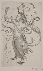 Genius with Bow in Left Hand and Right Hand Raised Towards a Crowned Bird