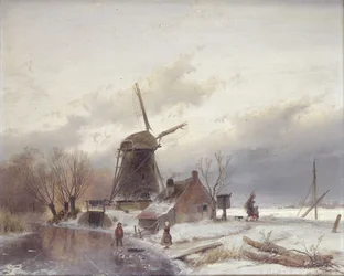 A Frozen River Landscape with a Windmill