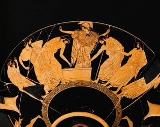 At the feet of the Goddess Athena, two Greek warriors draw lots for the arms and armour of the slain Achilles