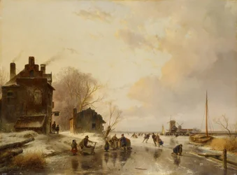 A Peasant Inn and a Barn by a Frozen River