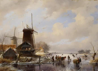 A wood sawmill on a frozen canal, in the foreground men are loading a hitched sled