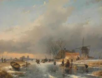 A Winter Landscape, Right a Mill and Houses by a Frozen Canal