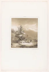 Winter Landscape with Conifers and Man with Sled