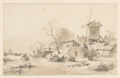 Winter Landscape with a Mill and Some Houses on a Dike at Right