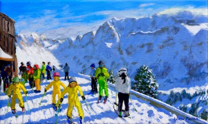 Young skiers in yellow, Val Gardena, Italy