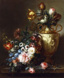 Tulips in a Vase and Roses in a Basket on a Stone Ledge