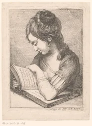 Young Woman Reading at a Table, Her Elbow Resting on a Book