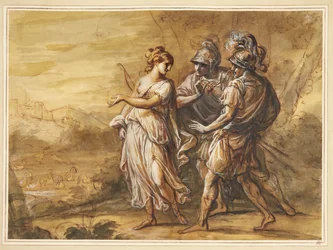 Mythological Scene. Young Woman with Bow Turning Towards Two Armed Men