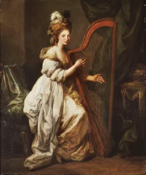 Portrait of Elizabeth Ewer, full-length, seated in a White Dress with a Yellow Shawl, Playing a Harp, in an Interior