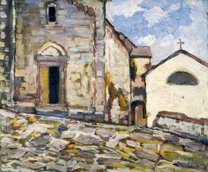 Facade of a church, by Angelo Balbi. Italy, 20th century