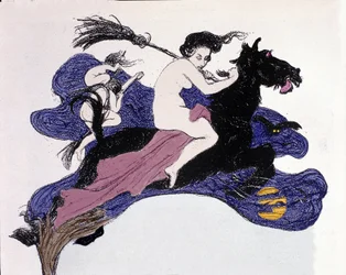 Witches moving in the air. Illustration by Angelo Jank for Jugend