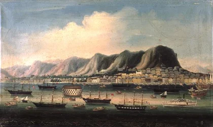 View of Hong Kong, with a Prison Hulk and a Paddlesteamer in the Harbour