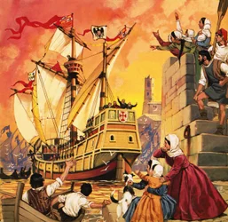 Christopher Columbus setting sail in the Santa Maria in August 1492