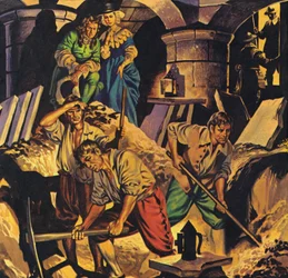 Samuel Pepys searching for a hoard of money supposedly hidden in The Tower Of London