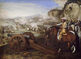 Captain on horseback ordering to fire cannon during battle