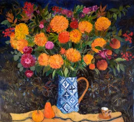 Orange Chrysanthemums on a Tapestry Cloth