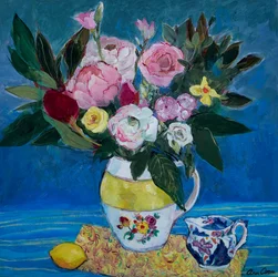 Peonies in a Yellow and White Jug