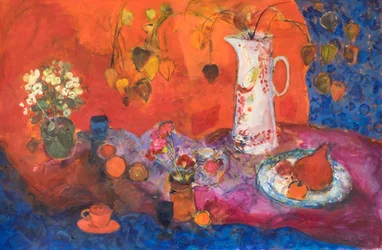 Red Still Life with White Jug and Fruit