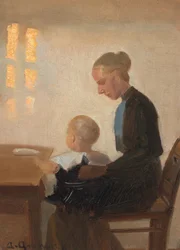 An Interior with a Mother and Child
