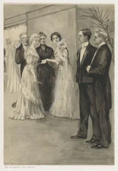 Sisters in Evening Dress Looking at Two Young Men