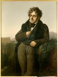 Portrait of Francois Rene, Viscount of Chateaubriand meditating on the ruins of Rome in front of a view of the Colosseum
