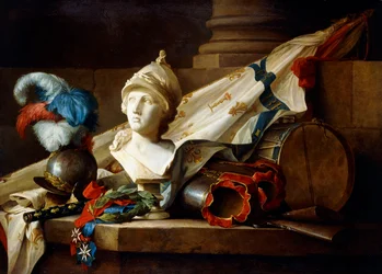 A Bust of Minerva with Armour and Weapons on a Stone Ledge