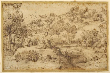 Landscape, in the foreground three men resting and a dog asleep, by a stream