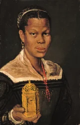 Portrait of a black lady, bust-length, wearing a coral necklace and holding an ormolu table clock in her right hand