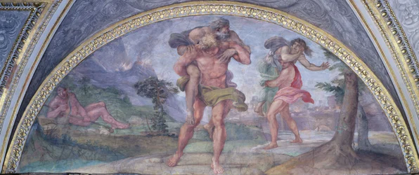 Lunette depicting Aeneas Fleeing from Burning Troy Carrying his Father Anchises Followed by Ascanius Carrying his Mother, from the Camerino