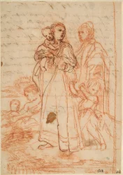 Mother Carrying a Small Child on Her Right Arm Holding a Boy in Her Left