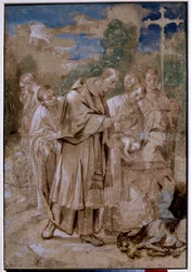 Saint Charles Borromeo baptizing a child. The dead sheep and the sketches of layers of bodies next to which a man closes his nose so as not to breathe the smell suggests that the drawing depicts the arch of Milan Saint Charles Borromeo