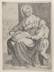 The Virgin seated holding a pillow on her lap with the young Christ standing at right, 1580-1600