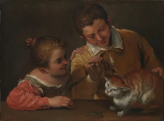 Two Children Teasing a Cat