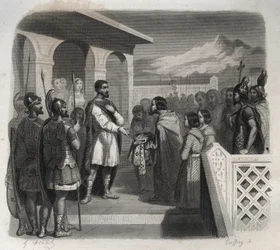 A Deputation of the City of Clermont Offers the Episcopate to Saint Sidoine Apollinar. Engraving from 1846 in 