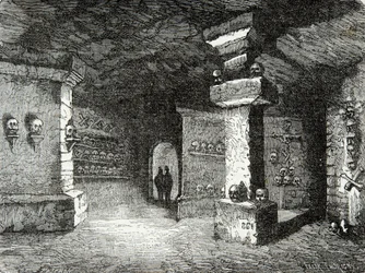 A gallery of catacombs in Paris, 19th century - Engraving - Private collection