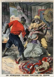 A jealous Muslim tortures his wife: a woman beaten in the department of Constantine in Algeria. Engraving in Le Petite Journal, on the 28/01/1912. Private collection