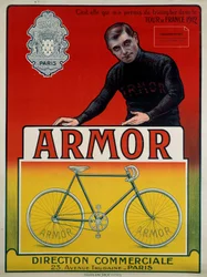 Advertising poster for the bike “Armor” with cyclist Eugene Christophe (1885-1970), winner of 3 stages and 2nd of the general classification of the Tour de France of 1912: “It is her who allowed me to triumph in the Tour de France of 1912, sd 20th century