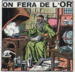 Alchemist of the Middle Ages in his laboratory looking to make gold. Anonymous illustration from 1925. Private collection.