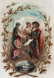 Allegory relating to the Treaty of Aachen. Signed on 2 May 1668 between France and Spain, it ended the War of Devolution and gave Flanders to France. Chromolithography in 