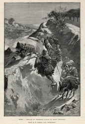 Andjera mountain insurrection in Morocco: ambush of Angherrists waiting for Sheriffian troops. Engraving in Le monde illustree of 1892. Private collection