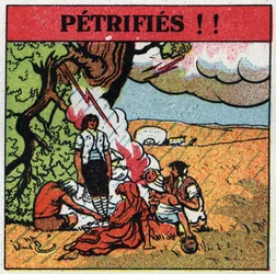 Atmospheric electricity: men electrocuted by lightning remain petrified. Anonymous illustration from 1925. Private collection.