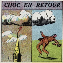 Atmospheric electricity: shock in return. A man is electrocuted because he is in the field of influence of a lightning zone. Anonymous illustration from 1925. Private collection.