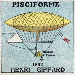 Balloons: pisciform envelope by Henri Giffard (1825-1882) in 1852. Anonymous illustration from 1925. Private collection.