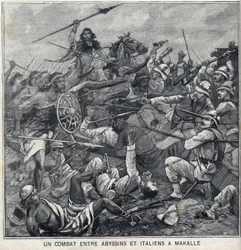 Battle between Abyssins of Menelik II and Italians in Makalle, Ethiopia. Engraving in 