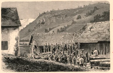 Celebration of Catholic worship in Saint Ursanne in Switzerland in 1874, after a photograph. Engraving in 