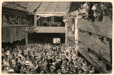Celebration of the Catholic worship in Porrentruy, Switzerland in 1874, after a photograph. Engraving in Les Missions Catholiques au XIXeme Siecle by Louis-Eugene Louvet. Private collection.